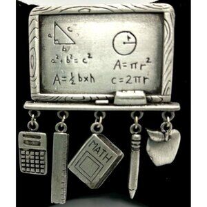 Vintage JJ Teacher Brooch Pewter Math Pin Chalkboard Calculator Charms 2.5 inch